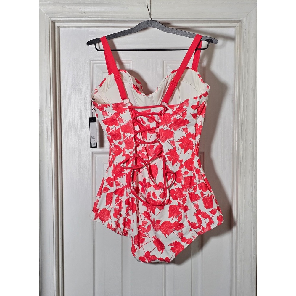 TA3 Lushy Hipster One Piece Swimsuit Rosey Floral Red White 2X Short D/DD TA3230 - Picture 2 of 4